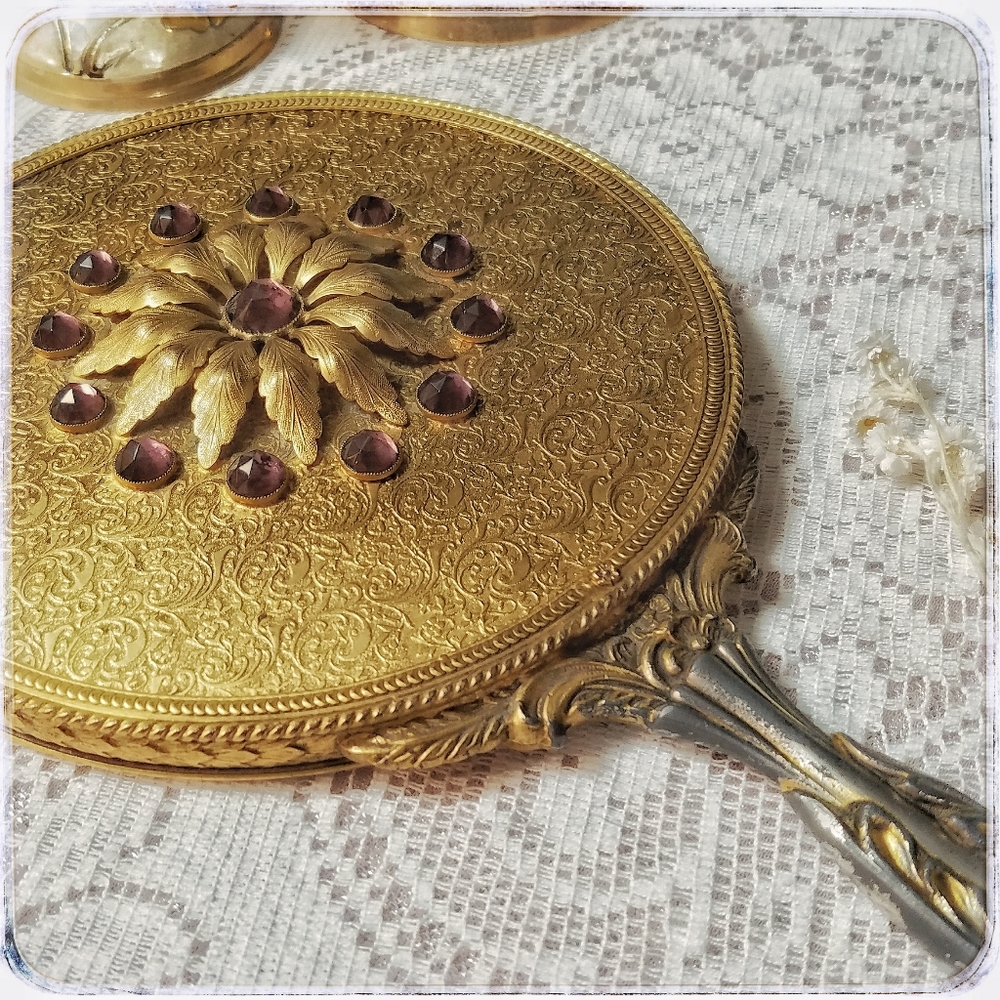 SOLD Antique Art Deco vanity mirror w/ amethyst - Picture 2 of 8